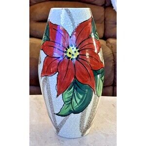 Vintage Italian Floral Poinsettia Pottery Vase Hand Painted Ceramic Decor 11”